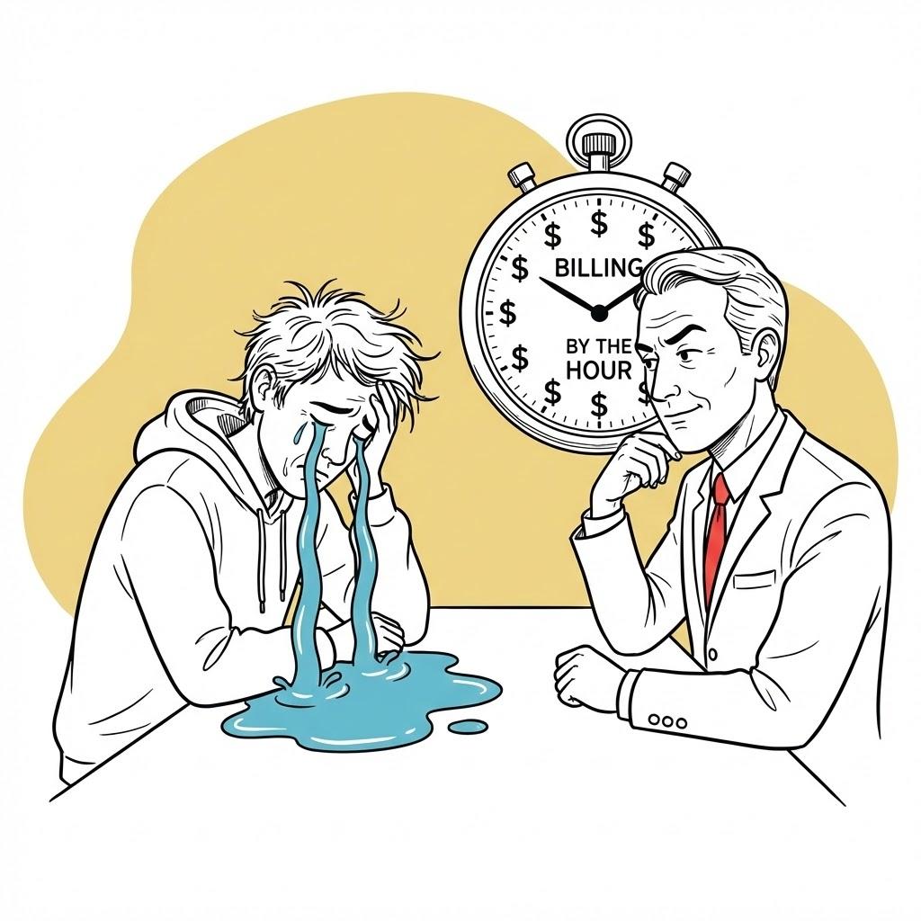 Illustration contrasting founder distress with hourly billing versus calm fractional GC dynamic