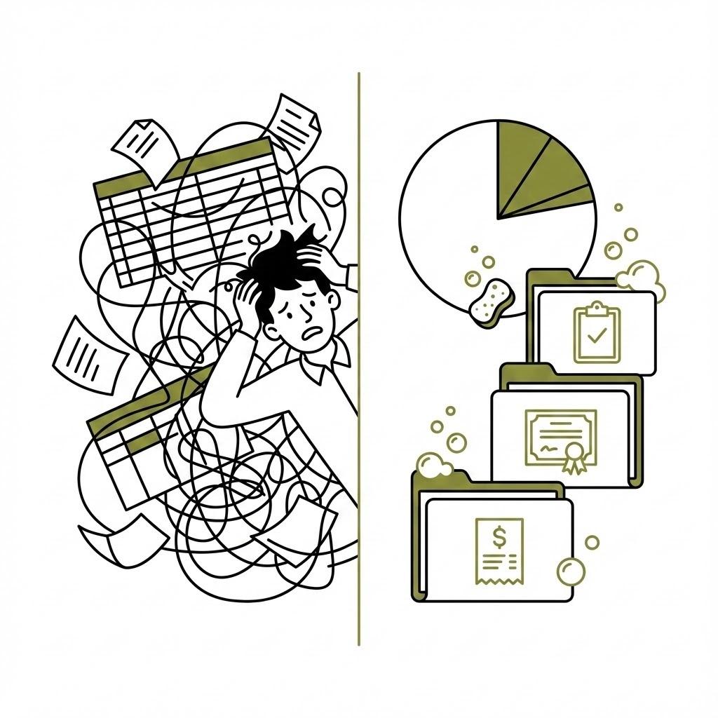 Cap table detox illustration showing messy spreadsheets transforming into organized folders with clean documentation