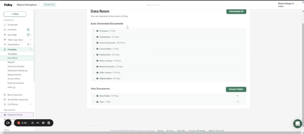 Pulley Data Room page showing Company and Data Room highlighted in the left sidebar, and the Download All button in the main content area