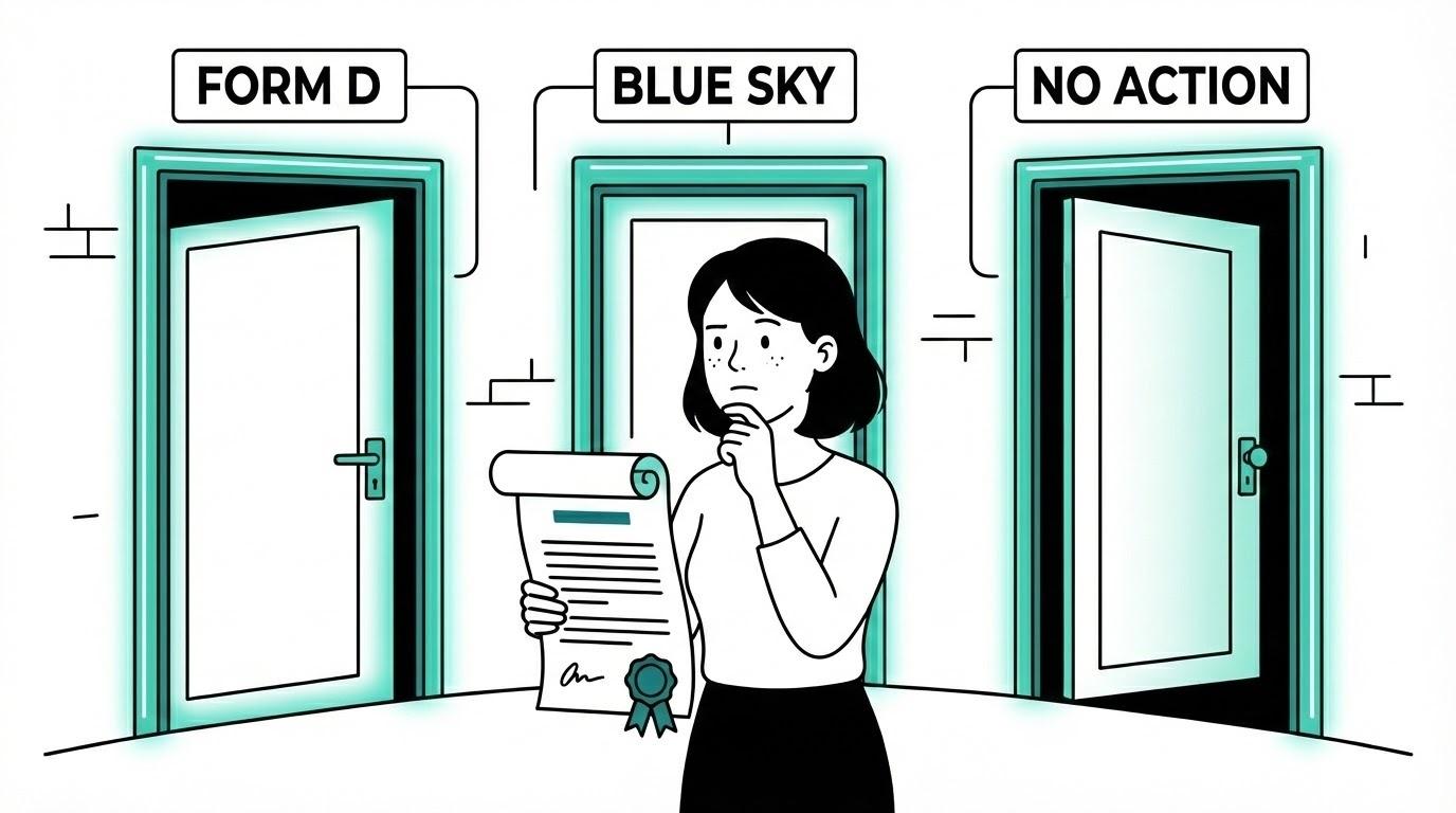 Illustration of a founder choosing between Form D, Blue Sky, and No Action filing options for securities exemptions