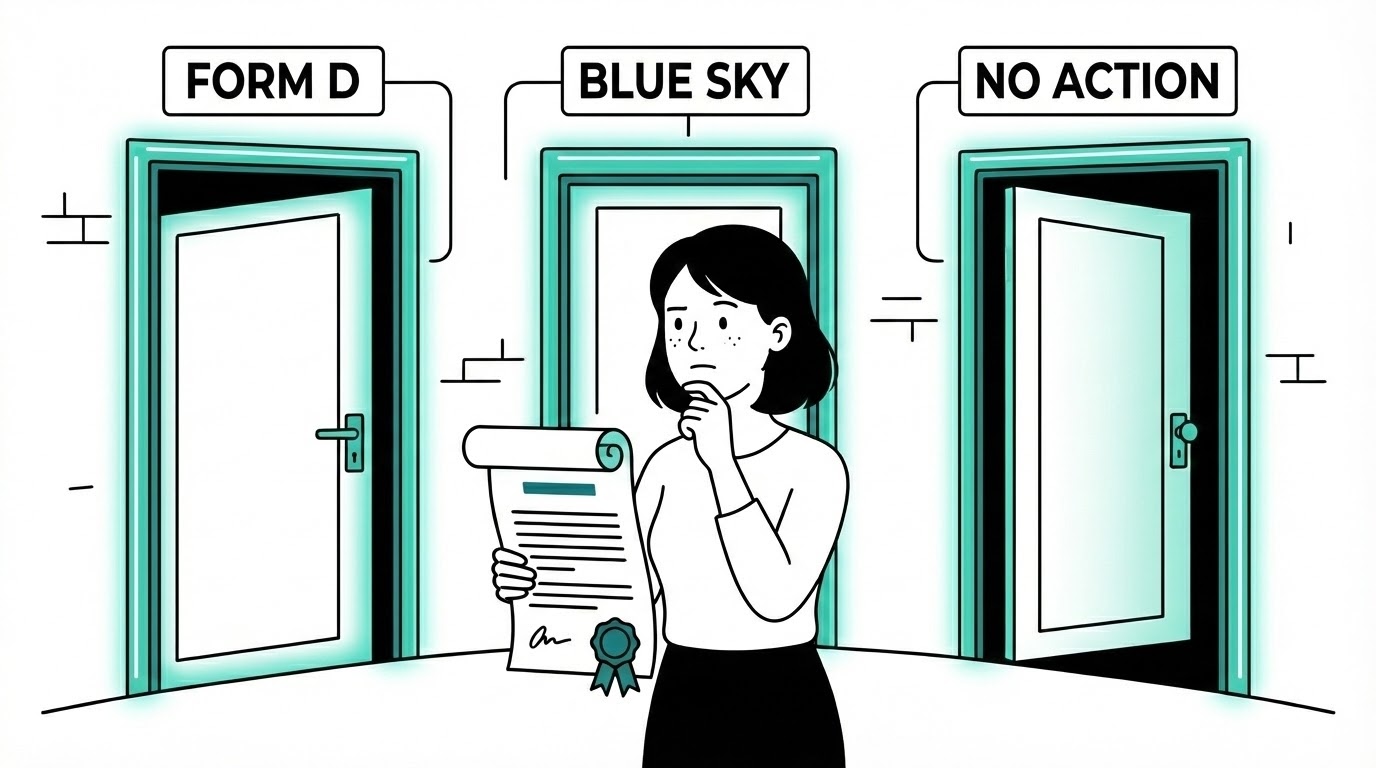 Illustration of a founder choosing between Form D, Blue Sky, and No Action filing options for securities exemptions