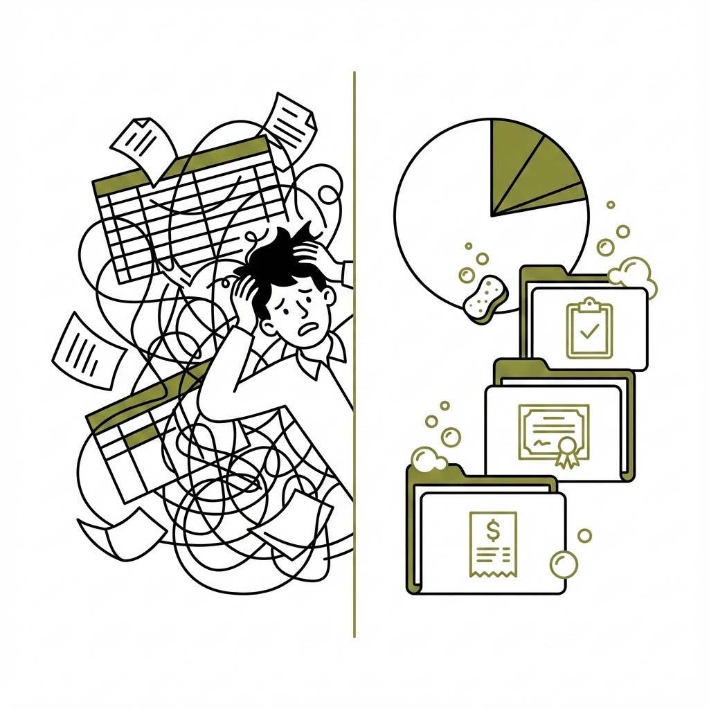 Cap table detox illustration showing messy spreadsheets transforming into organized folders with clean documentation